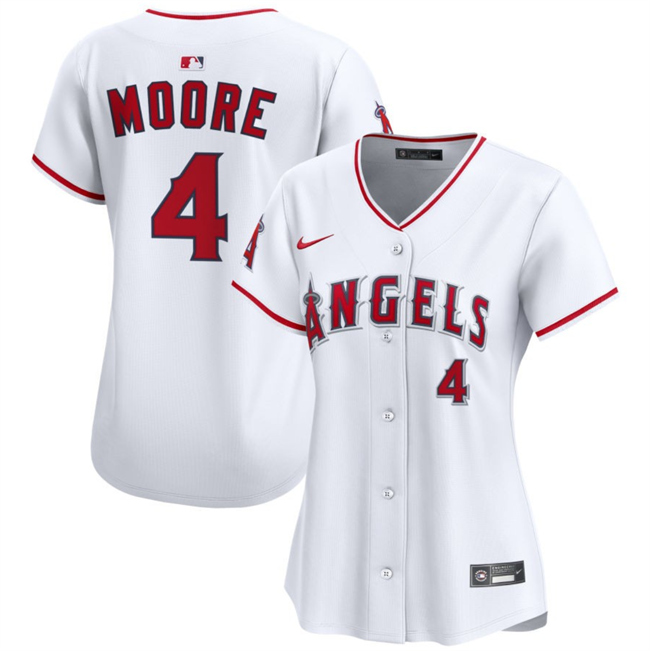 Women's Los Angeles Angels #4 Christian Moore White Home Stitched Baseball Jersey(Run Small)